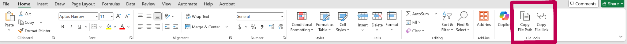A screenshot of the excel toolbar with Copy Link icons installed